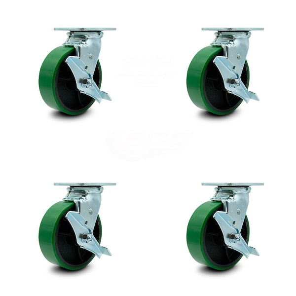 Service Caster 6 Inch Green Poly on Steel Caster Set with Roller Bearings 4 Brake 2 Swivel Lock SCC-30CS620-PUR-GB-TLB-BSL-2-TLB-2 - main